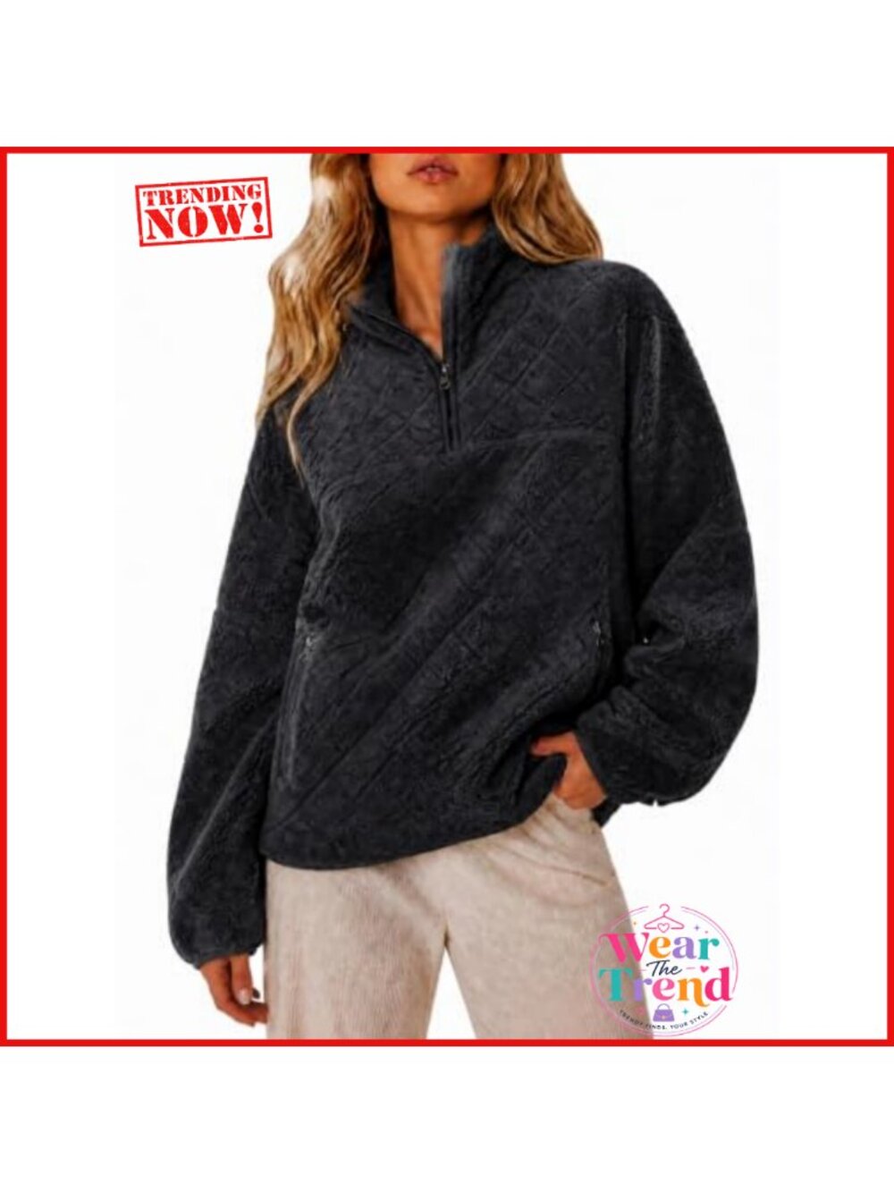 Women's Quarter Zip Diamond Textured Fleece Pullover Cropped Long Sleeve Casual